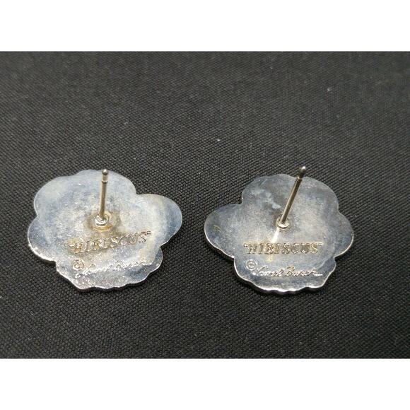 Laurel Burch "Hibiscus" Pink Post Earrings, Rhodium Plated Silver Tone, 1980s - Picture 7 of 10